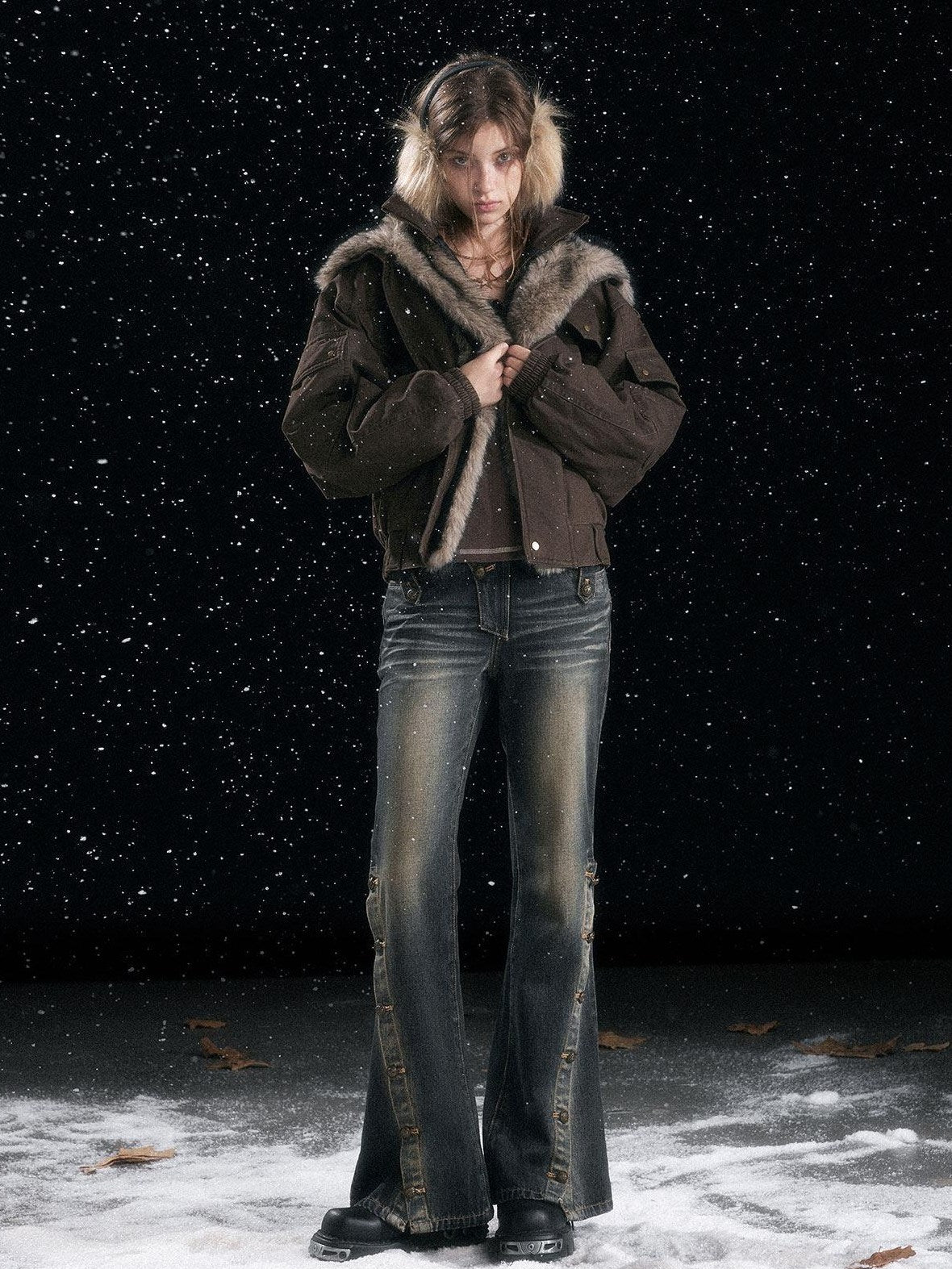 Cest Nous Warm Commuter Hooded Thermal Women Solid Brown Zip Front Puffer Jacket