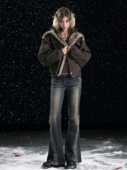 Cest Nous Warm Commuter Hooded Thermal Women Solid Brown Zip Front Puffer Jacket