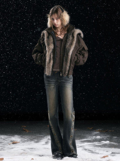 Cest Nous Warm Commuter Hooded Thermal Women Solid Brown Zip Front Puffer Jacket