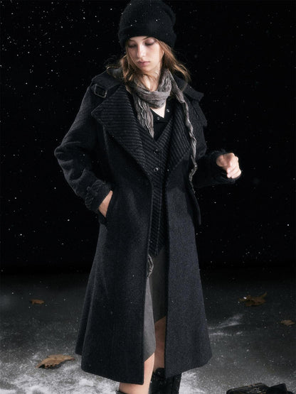 Cest Nous Warm Thick Mid Length Lapel Collar Loose Fit Commuter Black Gray Coat