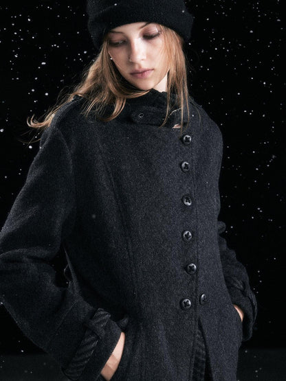 Cest Nous Warm Thick Mid Length Lapel Collar Loose Fit Commuter Black Gray Coat