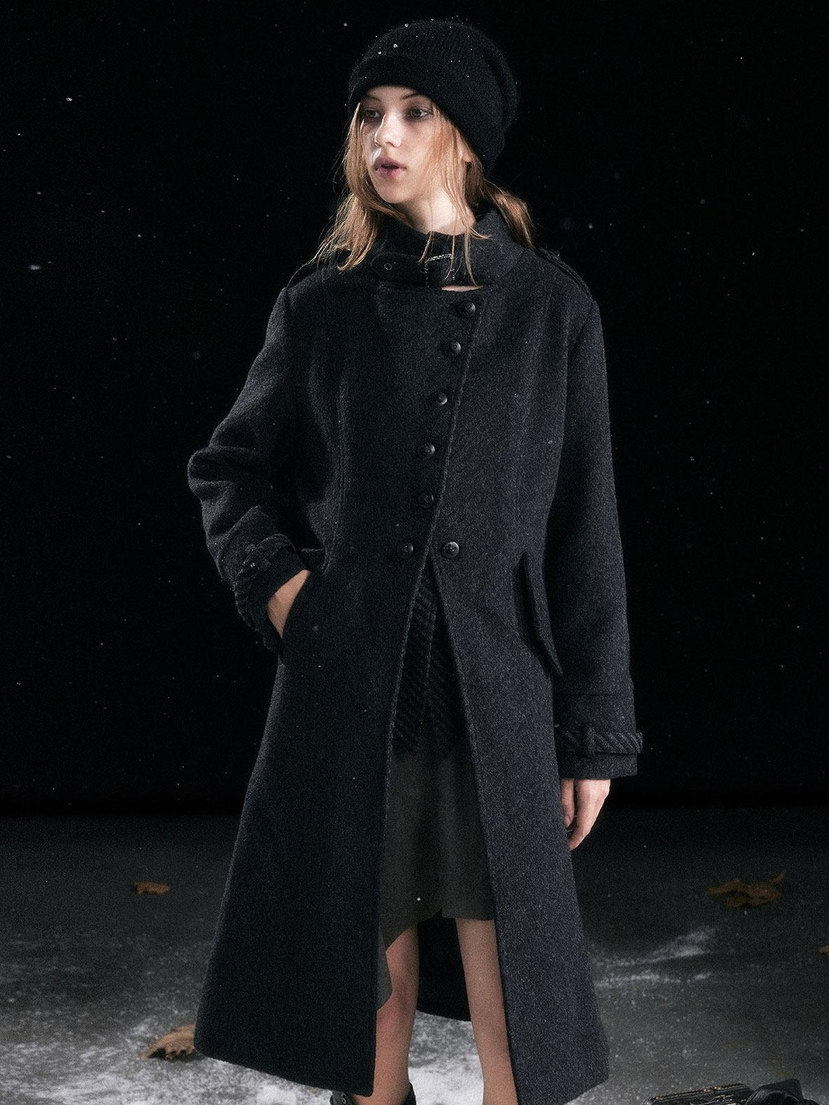 Cest Nous Warm Thick Mid Length Lapel Collar Loose Fit Commuter Black Gray Coat