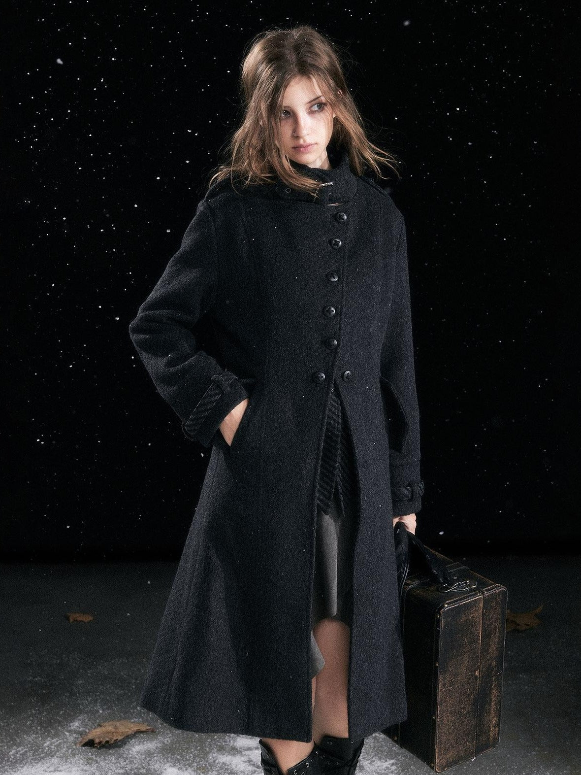 Cest Nous Warm Thick Mid Length Lapel Collar Loose Fit Commuter Black Gray Coat