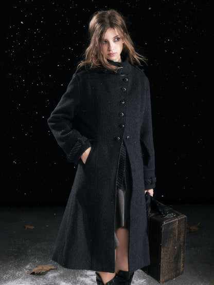 Cest Nous Warm Thick Mid Length Lapel Collar Loose Fit Commuter Black Gray Coat