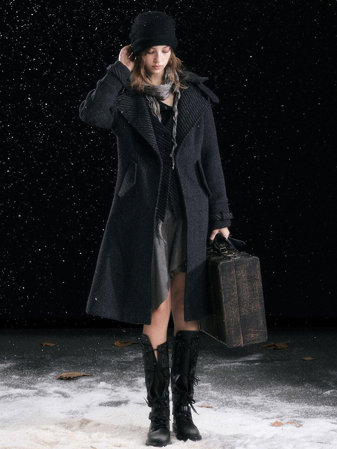 Cest Nous Warm Thick Mid Length Lapel Collar Loose Fit Commuter Black Gray Coat