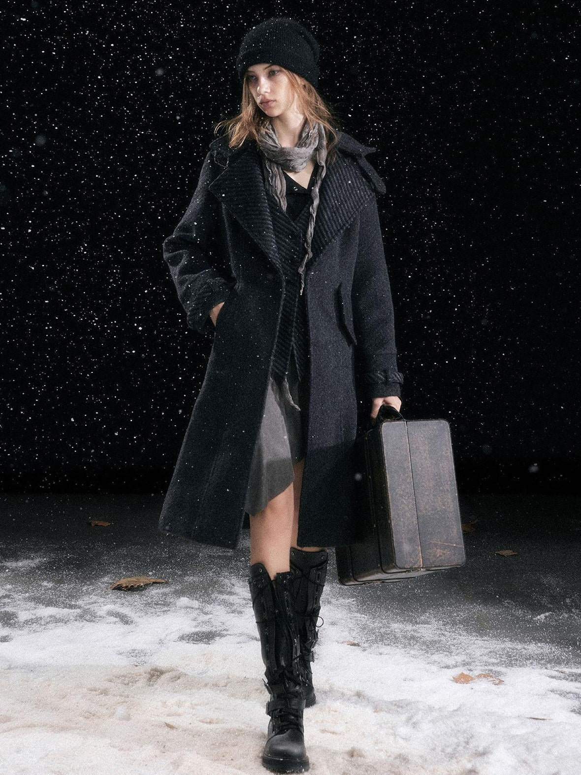 Cest Nous Warm Thick Mid Length Lapel Collar Loose Fit Commuter Black Gray Coat