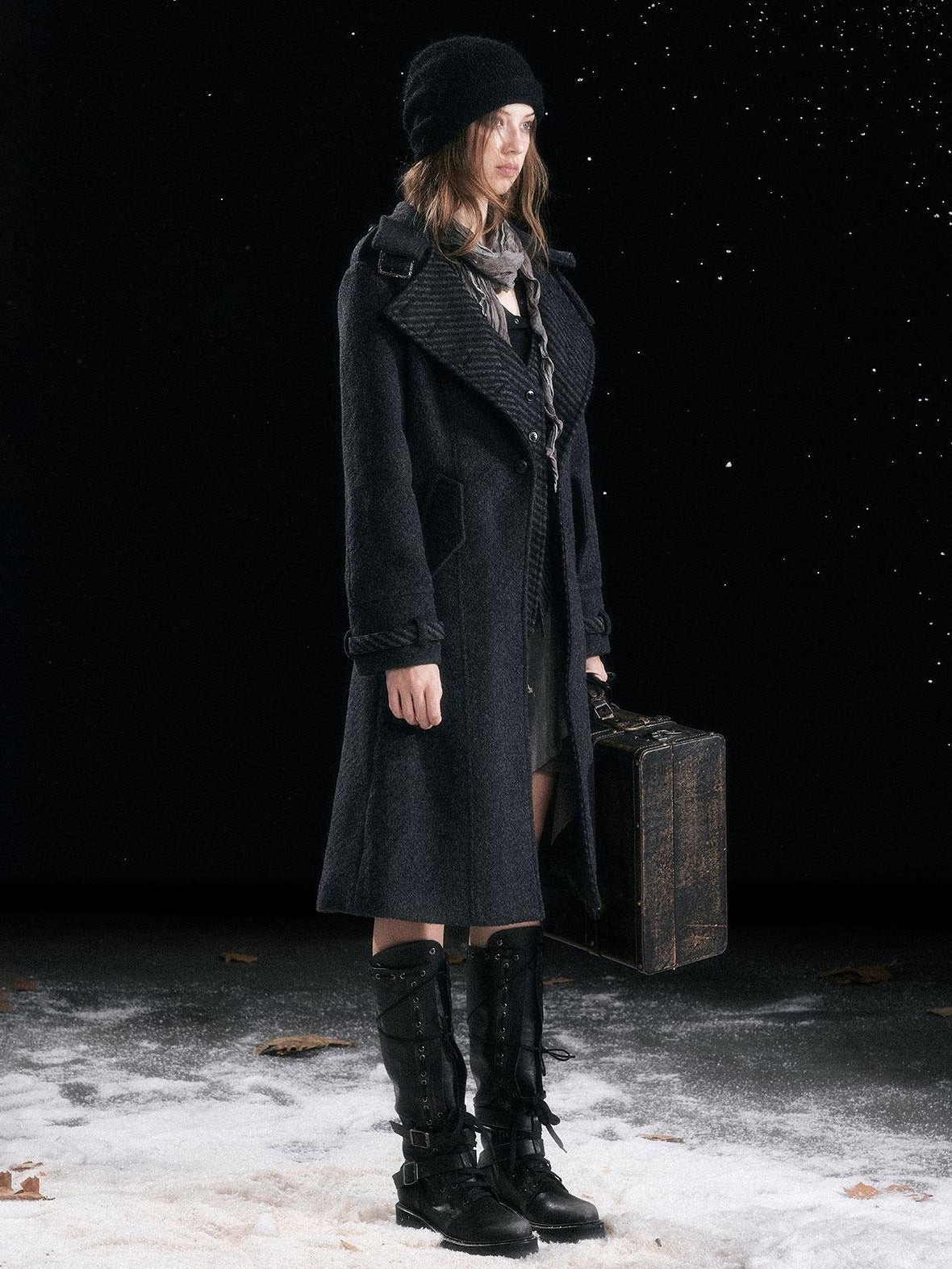 Cest Nous Warm Thick Mid Length Lapel Collar Loose Fit Commuter Black Gray Coat