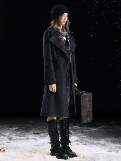 Cest Nous Warm Thick Mid Length Lapel Collar Loose Fit Commuter Black Gray Coat