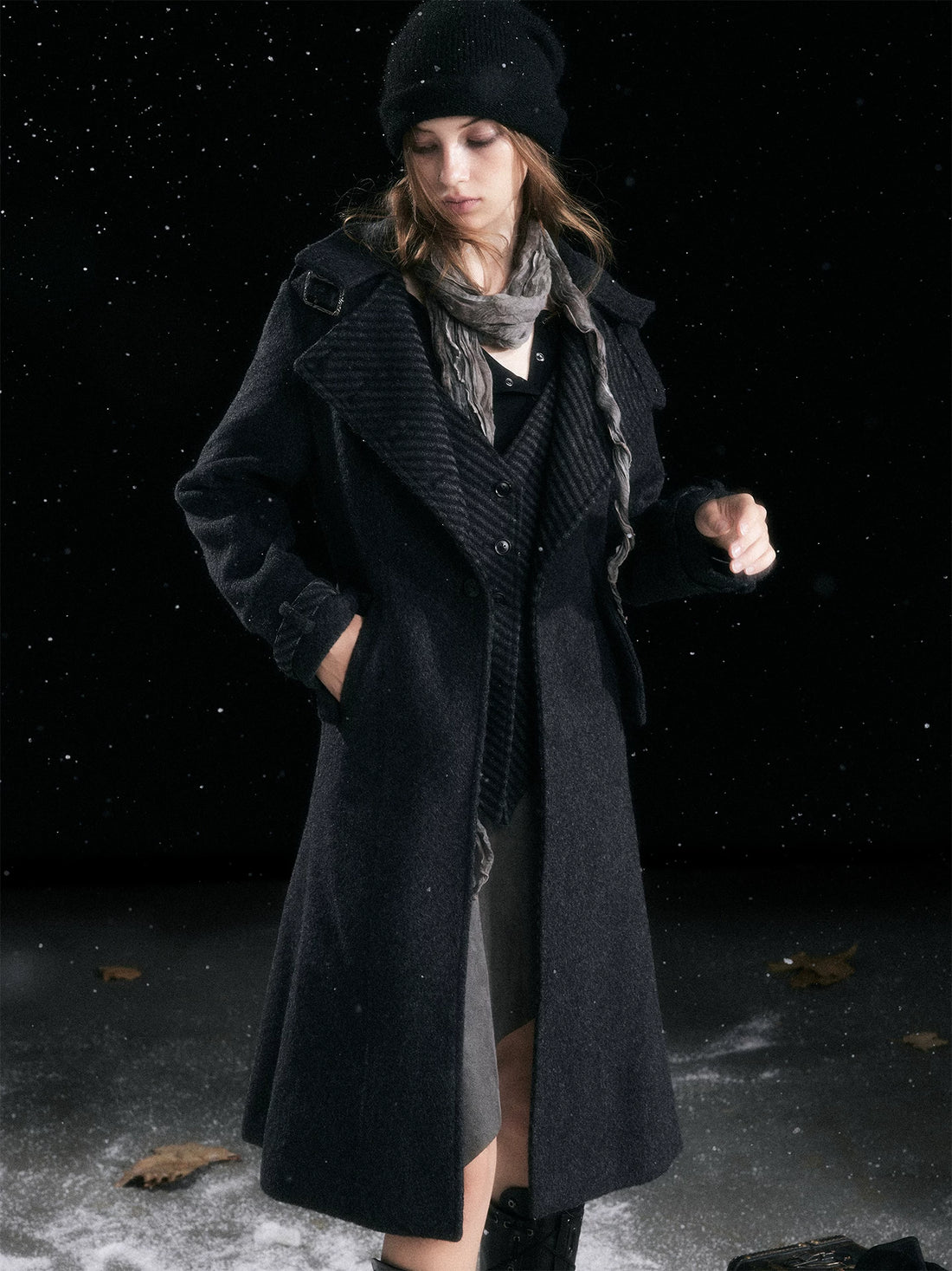 Cest Nous Warm Thick Mid Length Lapel Collar Loose Fit Commuter Black Gray Coat-1