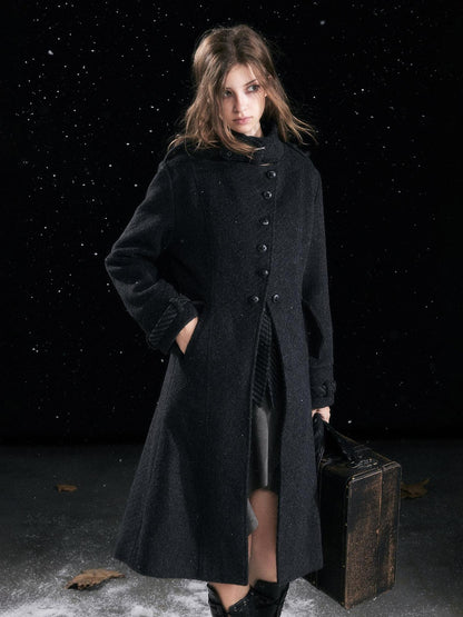 Cest Nous Warm Thick Mid Length Lapel Collar Loose Fit Commuter Black Gray Coat