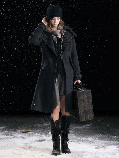 Cest Nous Warm Thick Mid Length Lapel Collar Loose Fit Commuter Black Gray Coat