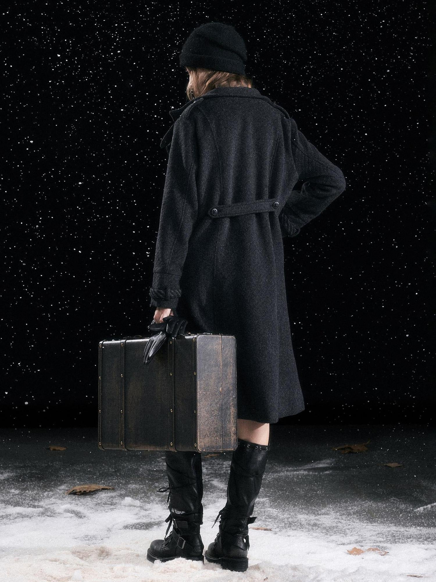 Cest Nous Warm Thick Mid Length Lapel Collar Loose Fit Commuter Black Gray Coat