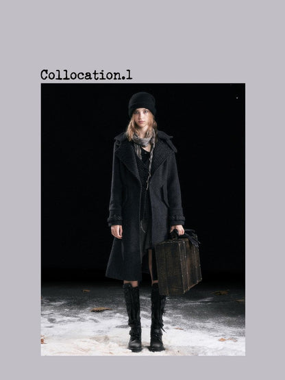 Cest Nous Warm Thick Mid Length Lapel Collar Loose Fit Commuter Black Gray Coat