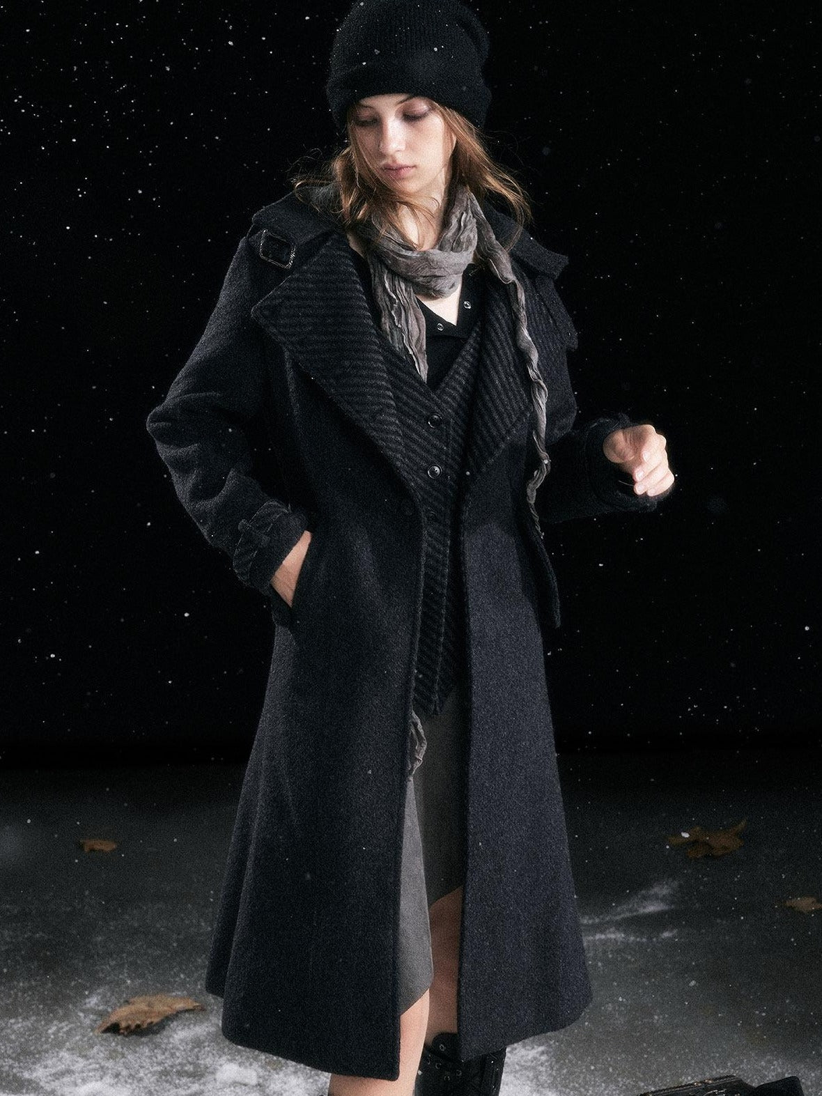 Cest Nous Warm Thick Mid Length Lapel Collar Loose Fit Commuter Black Gray Coat