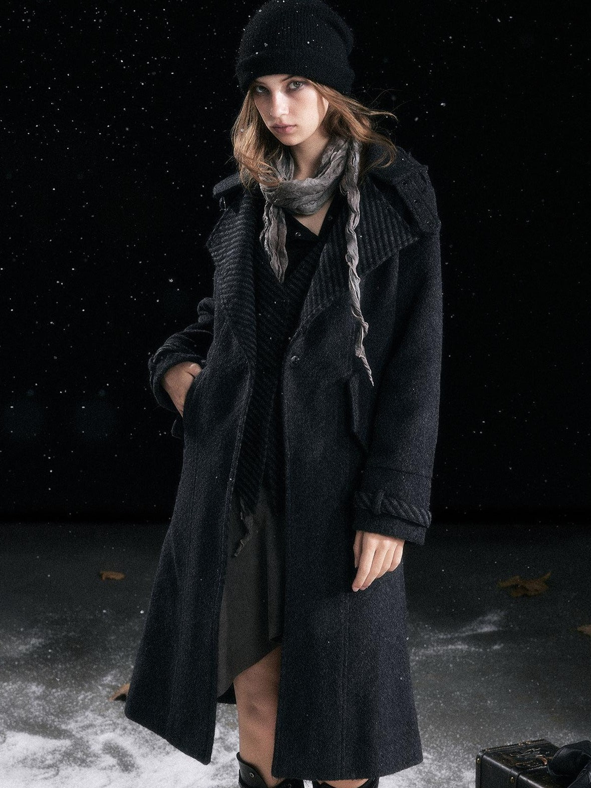 Cest Nous Warm Thick Mid Length Lapel Collar Loose Fit Commuter Black Gray Coat