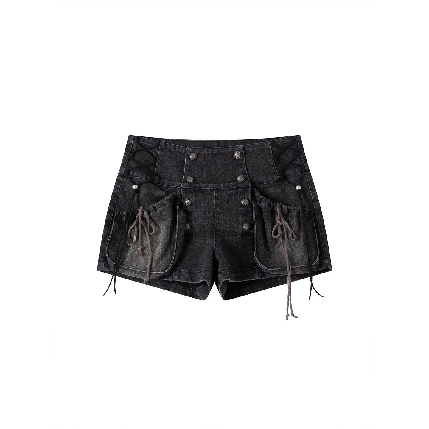 Cest_Nous_Washed_Black_Cotton_Drawstring_Cargo_Natural_Waist_Womens_Slight_Stretch_Shorts_MISSTT