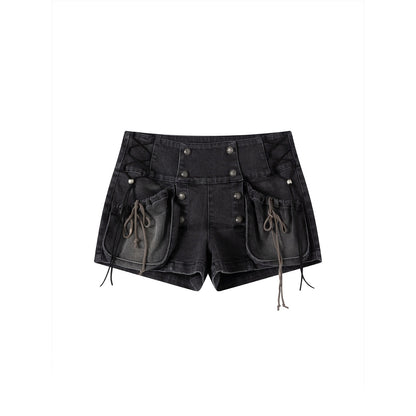 Cest_Nous_Washed_Black_Cotton_Drawstring_Cargo_Natural_Waist_Womens_Slight_Stretch_Shorts_MISSTT