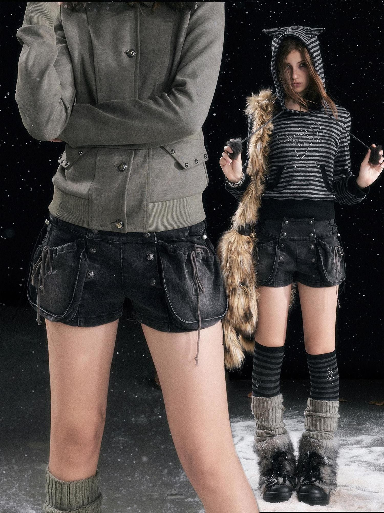 Cest Nous Washed Black Cotton Drawstring Cargo Natural Waist Womens Slight Stretch Shorts