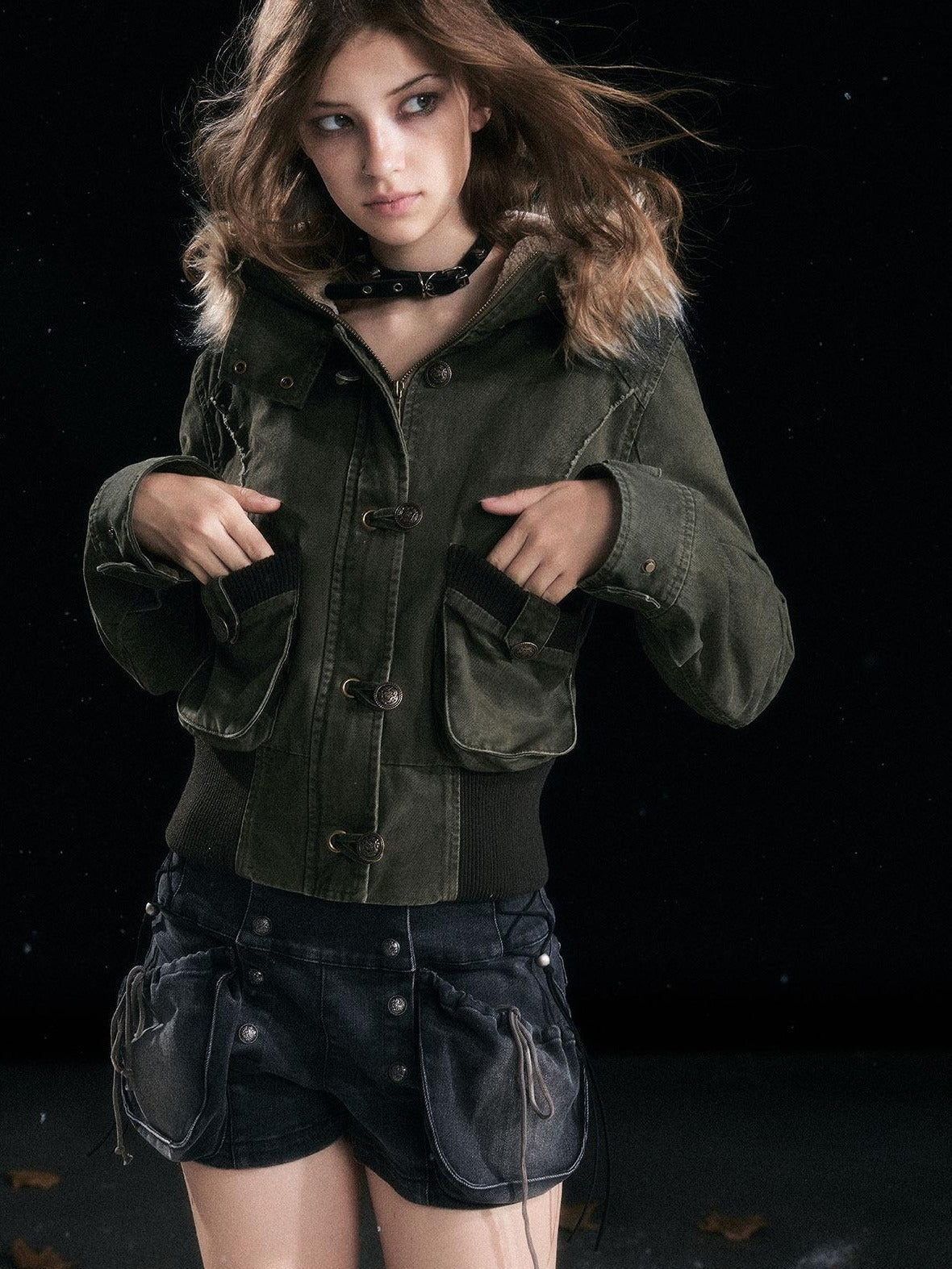 Cest Nous Washed Black Cotton Drawstring Cargo Natural Waist Womens Slight Stretch Shorts