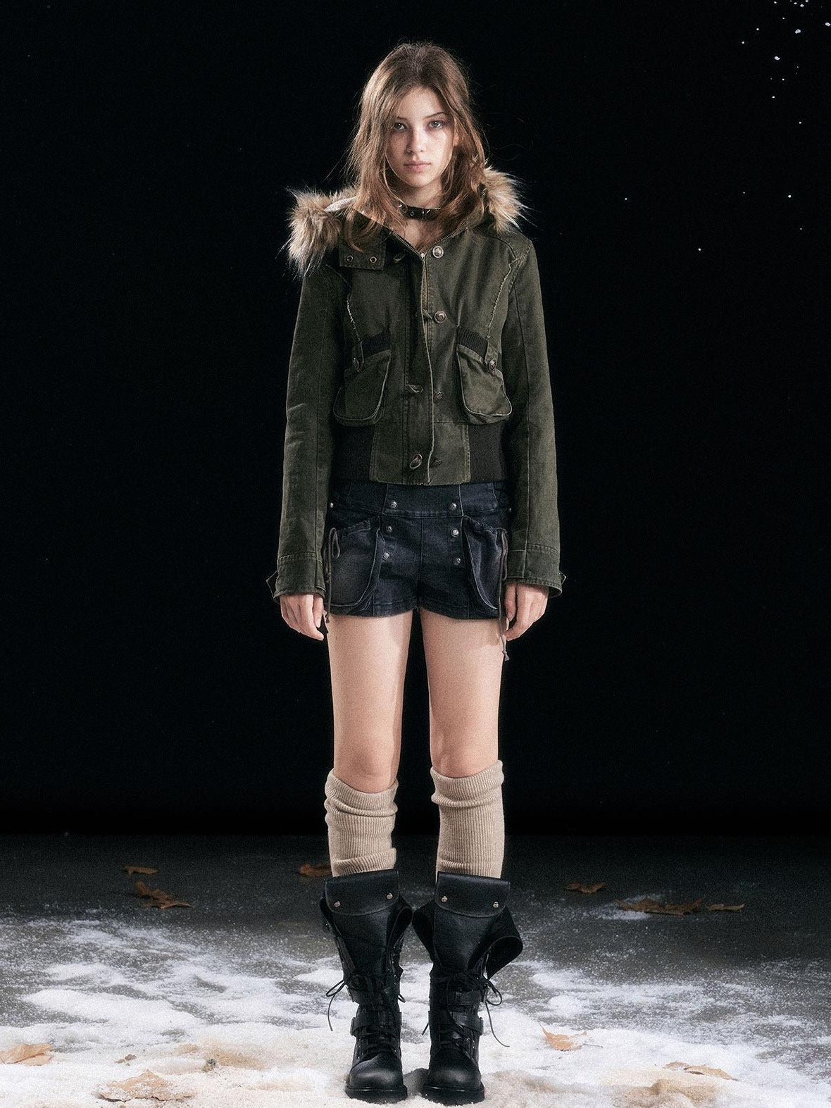 Cest Nous Washed Black Cotton Drawstring Cargo Natural Waist Womens Slight Stretch Shorts