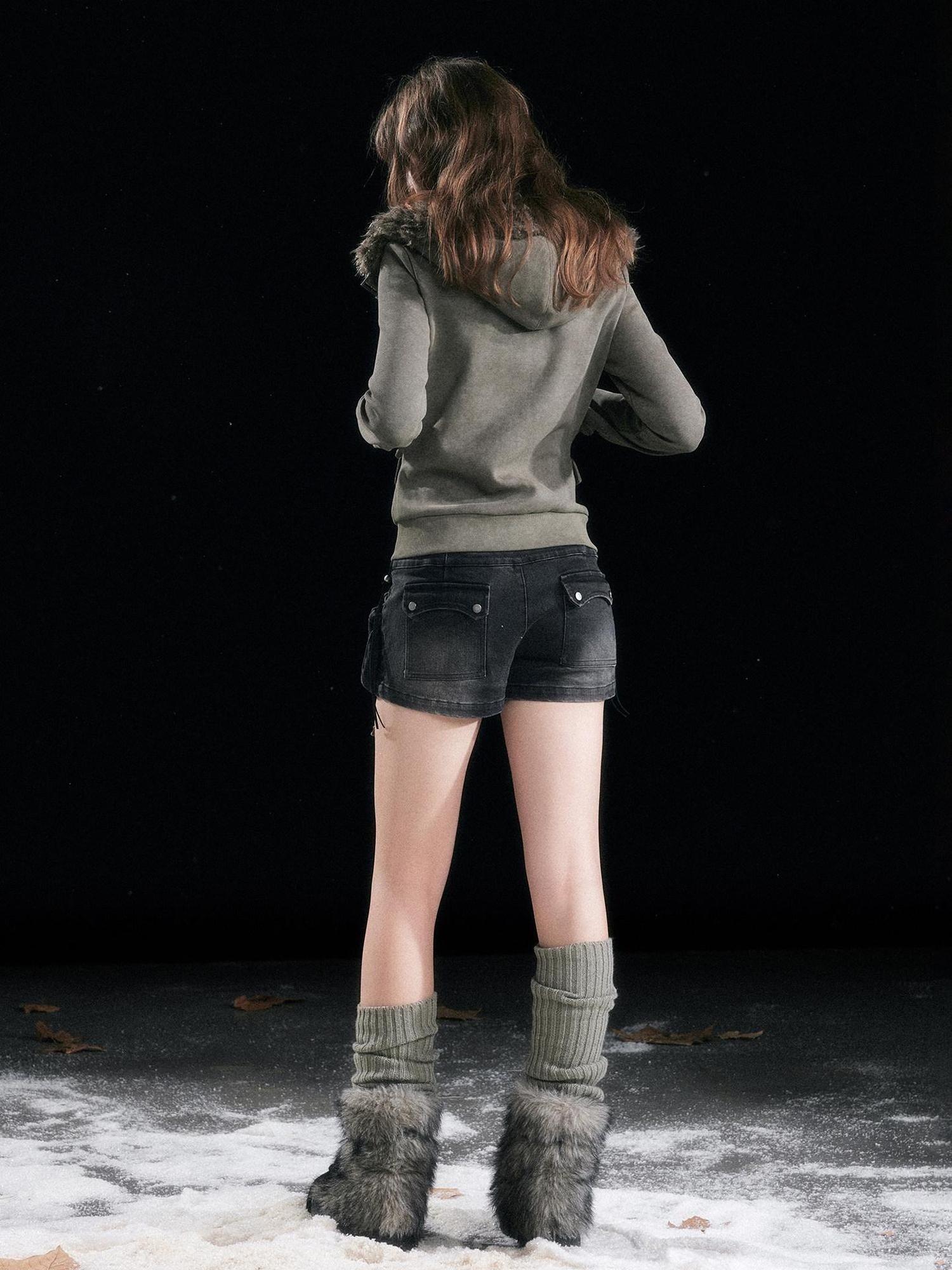 Cest Nous Washed Black Cotton Drawstring Cargo Natural Waist Womens Slight Stretch Shorts