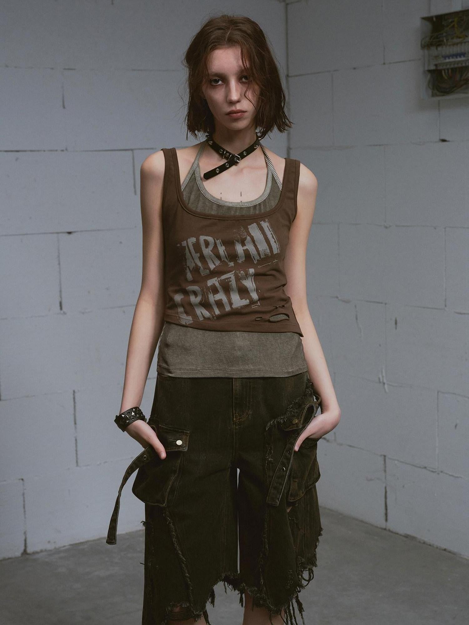Cest Nous Washed Black Ripped Patchwork Frayed Hem Grunge Women&