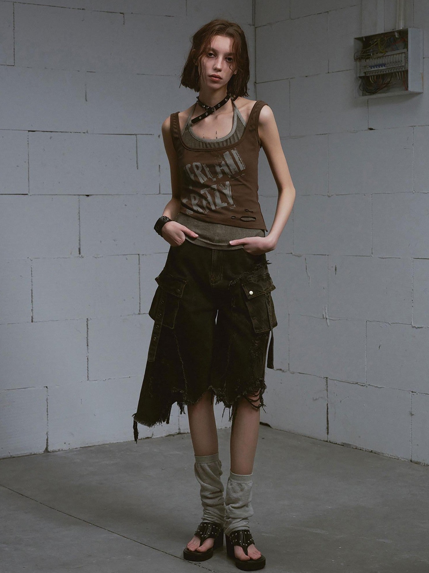 Cest Nous Washed Black Ripped Patchwork Frayed Hem Grunge Women&