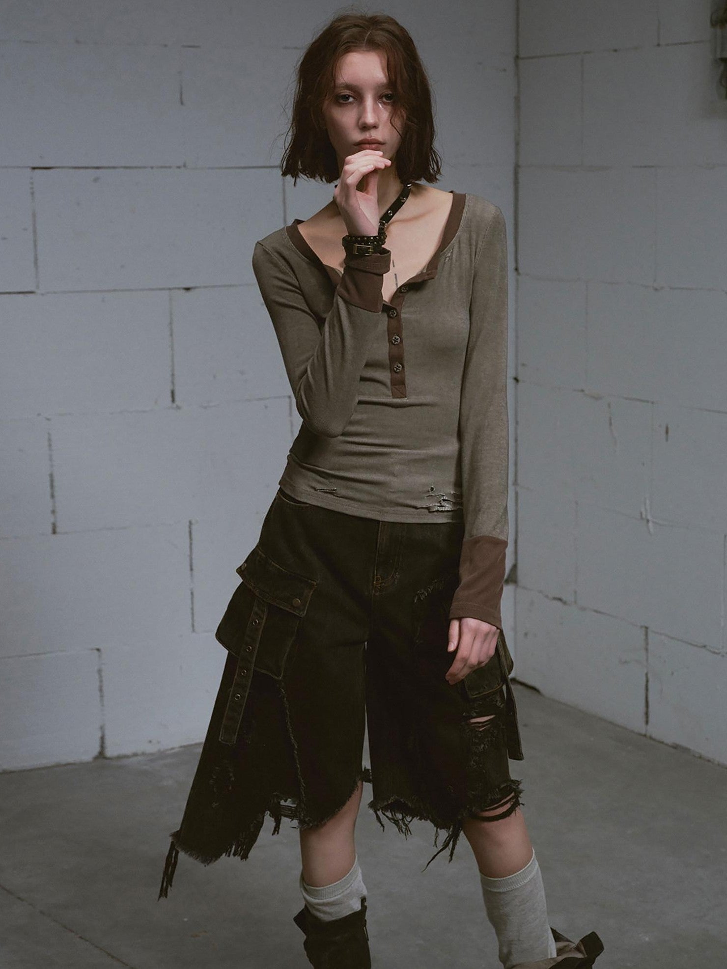 Cest Nous Washed Black Ripped Patchwork Frayed Hem Grunge Women&