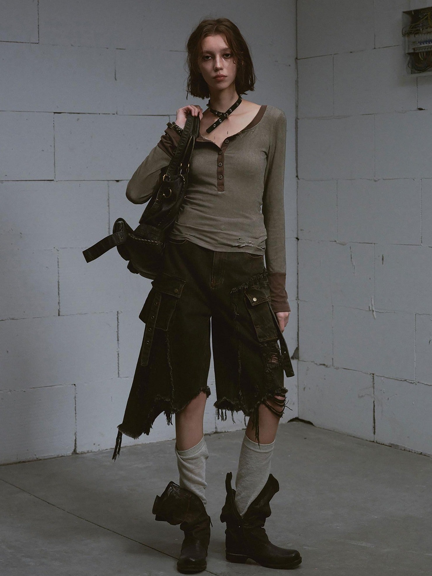 Cest Nous Washed Black Ripped Patchwork Frayed Hem Grunge Women&
