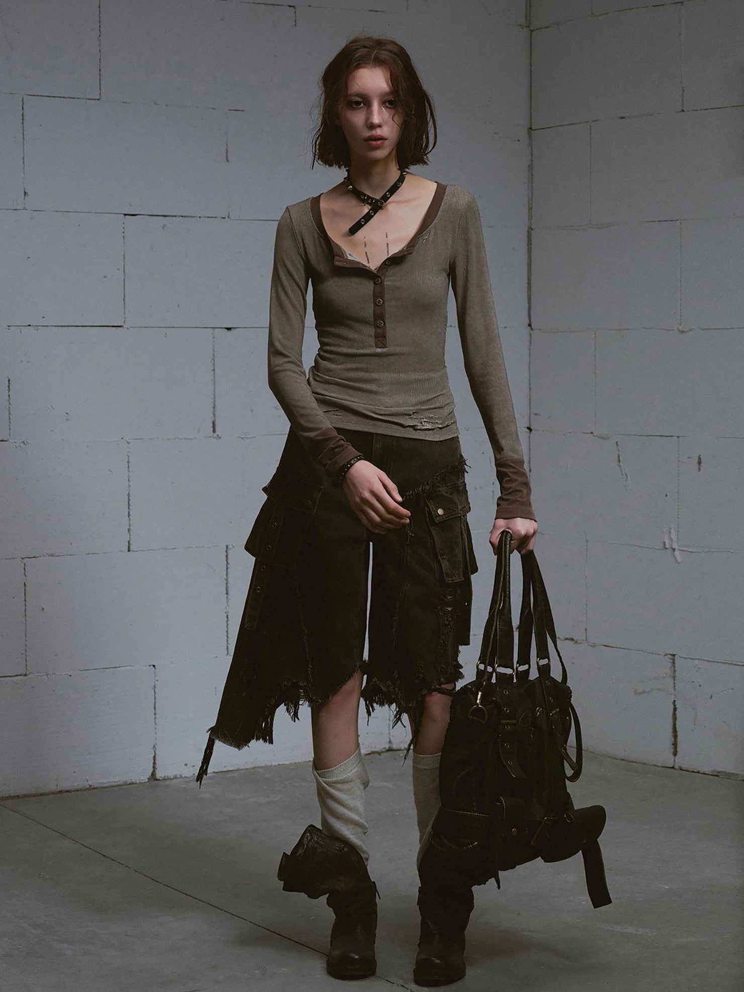Cest Nous Washed Black Ripped Patchwork Frayed Hem Grunge Women&