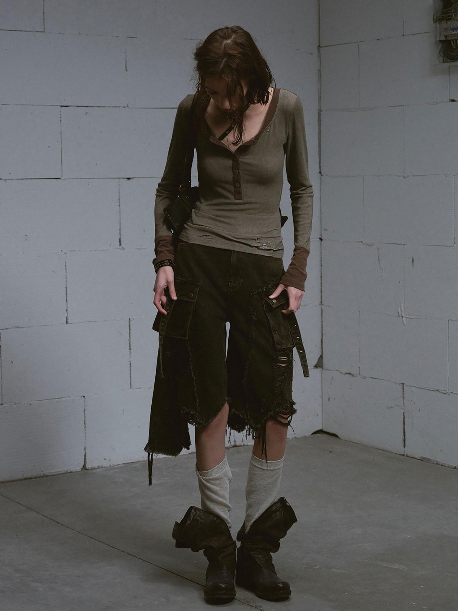 Cest Nous Washed Black Ripped Patchwork Frayed Hem Grunge Women&