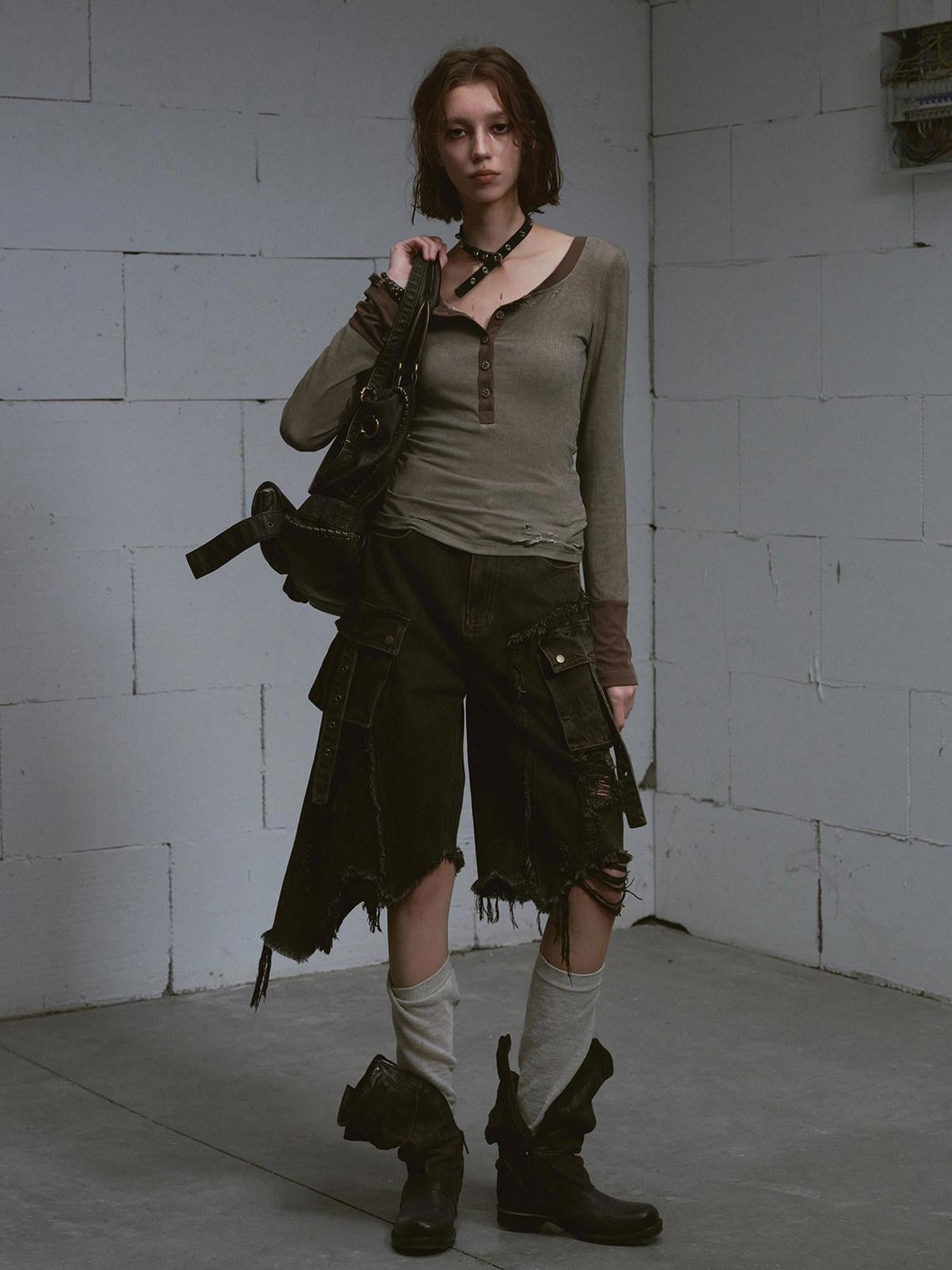 Cest Nous Washed Black Ripped Patchwork Frayed Hem Grunge Women&
