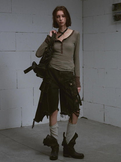 Cest Nous Washed Black Ripped Patchwork Frayed Hem Grunge Women&