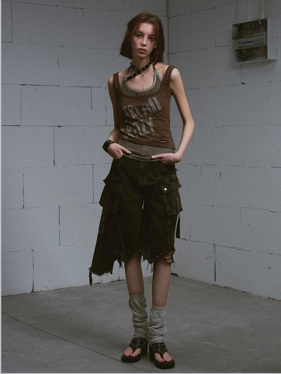 Cest Nous Washed Black Ripped Patchwork Frayed Hem Grunge Women&