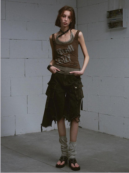 Cest Nous Washed Black Ripped Patchwork Frayed Hem Grunge Women&