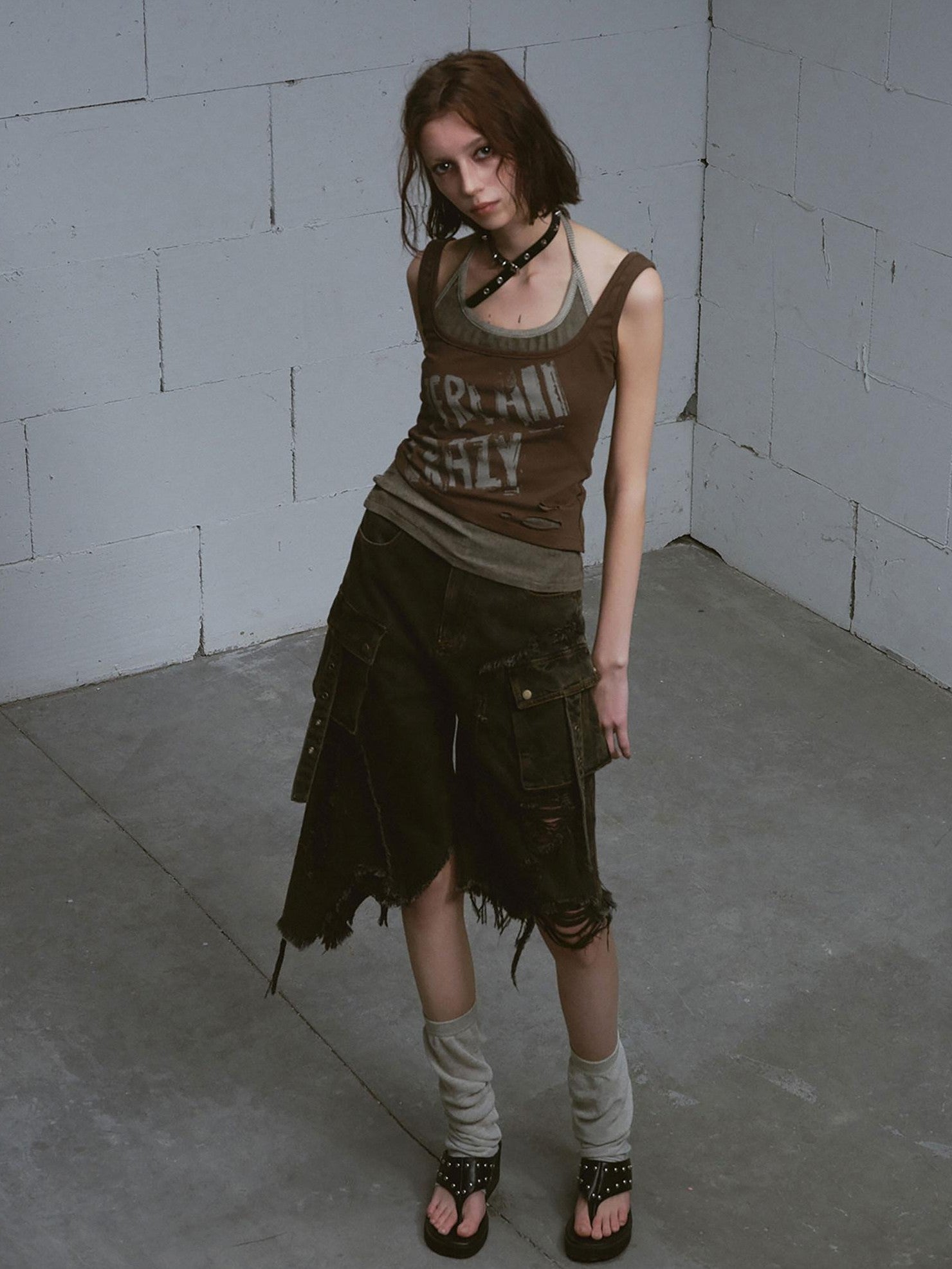 Cest Nous Washed Black Ripped Patchwork Frayed Hem Grunge Women&