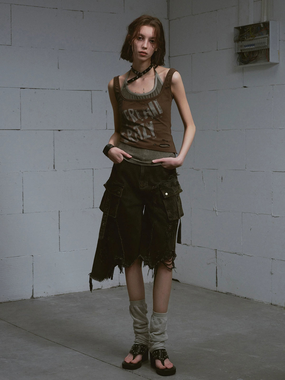 Cest Nous Washed Black Ripped Patchwork Frayed Hem Grunge Women&
