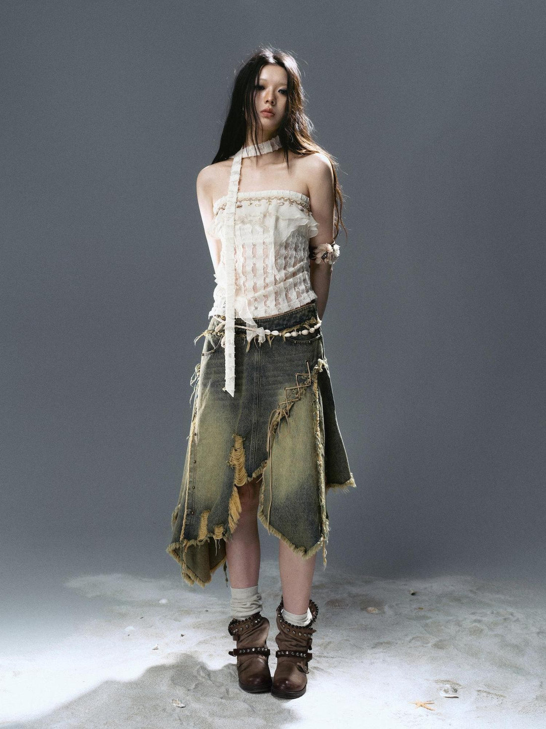 Cest Nous Washed Blue Deconstructed Patchwork Frayed Women&