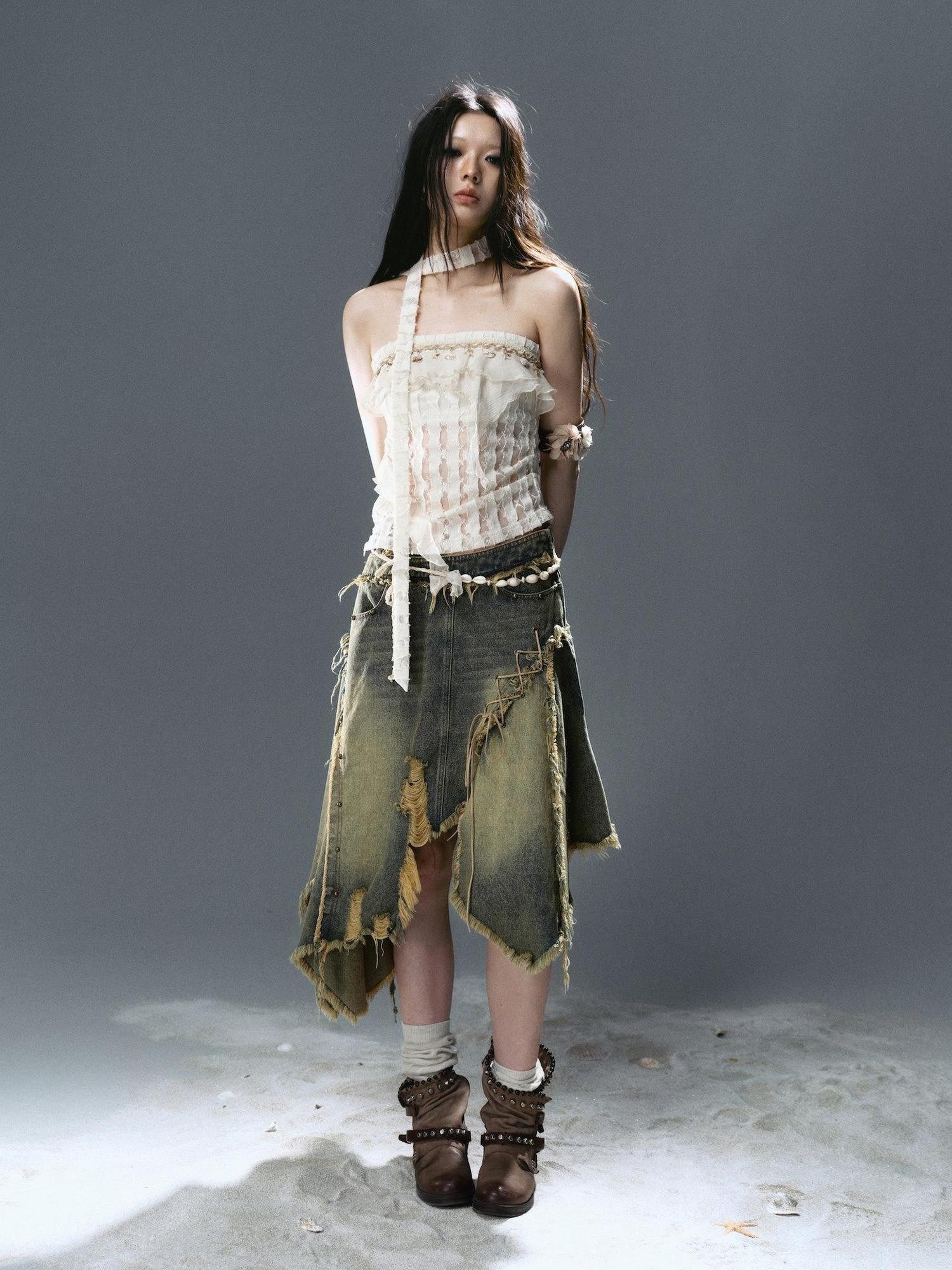 Cest Nous Washed Blue Deconstructed Patchwork Frayed Women&