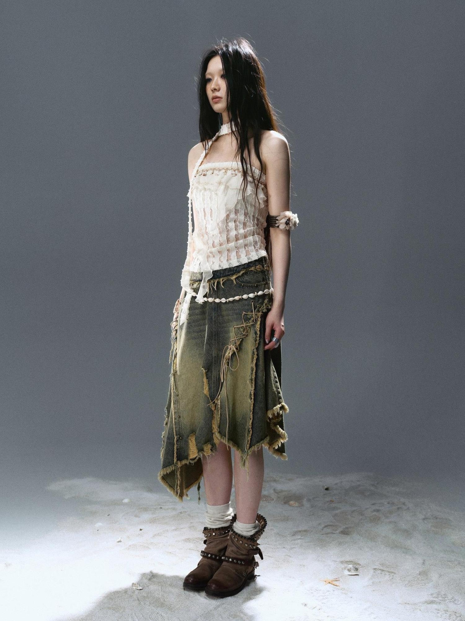 Cest Nous Washed Blue Deconstructed Patchwork Frayed Women&