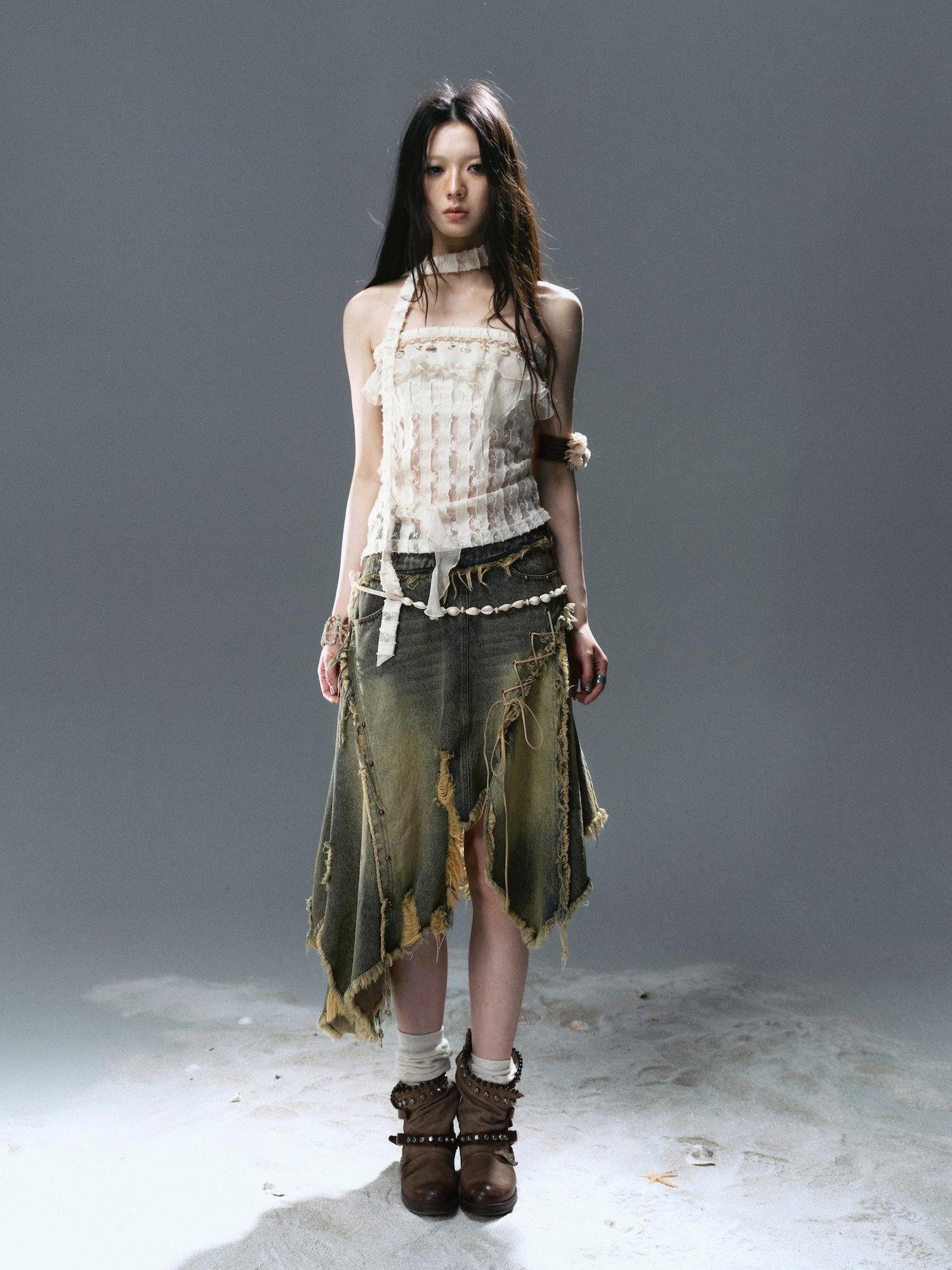 Cest Nous Washed Blue Deconstructed Patchwork Frayed Women&