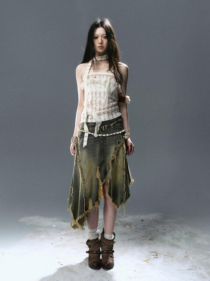 Cest Nous Washed Blue Deconstructed Patchwork Frayed Women&