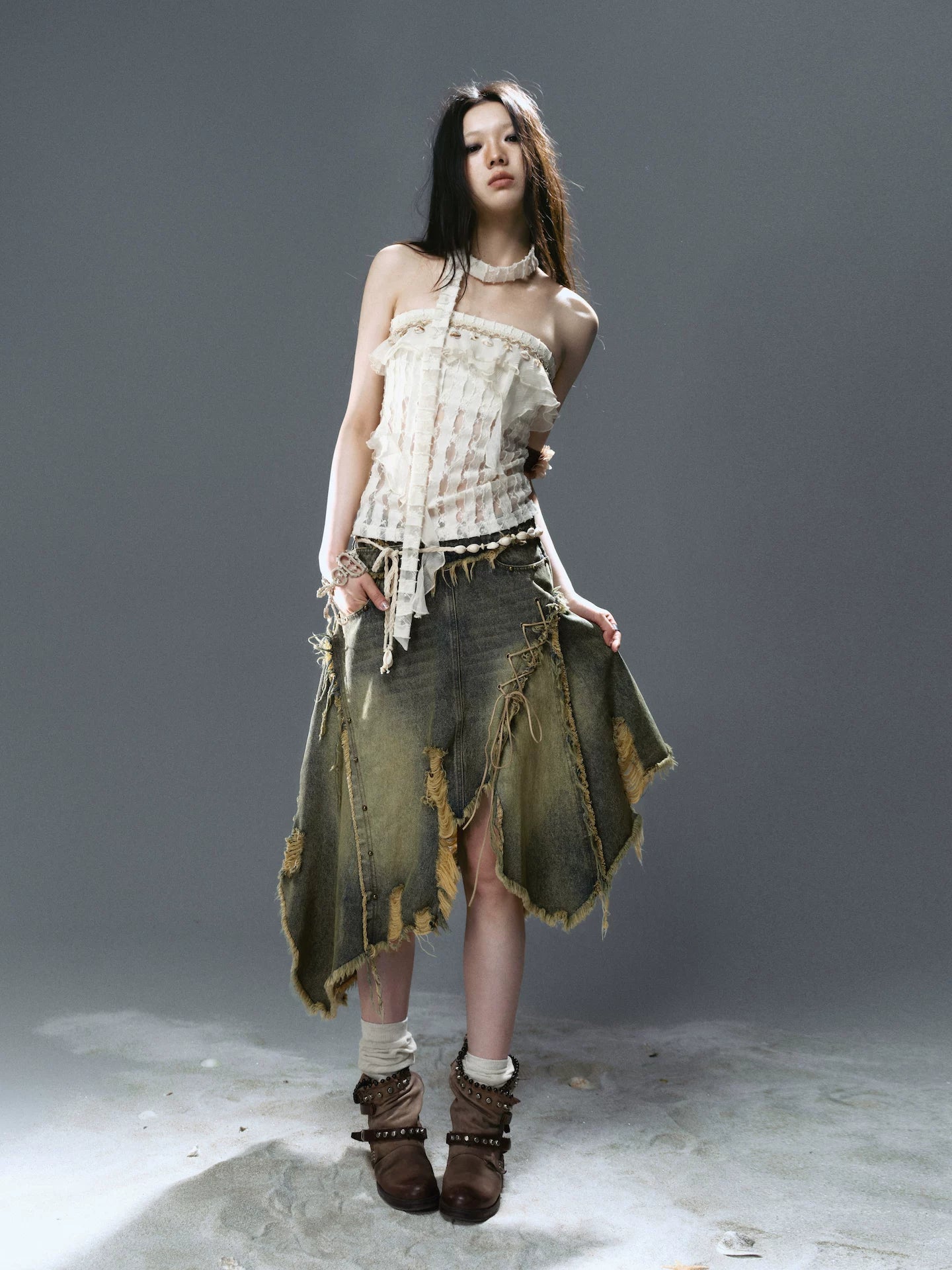 Cest Nous Washed Blue Deconstructed Patchwork Frayed Women&