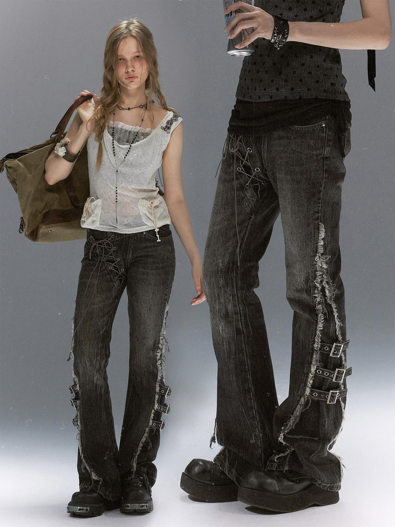 Cest Nous Washed Crackle Punk Asymmetrical Waist Deconstructed Tie Women&