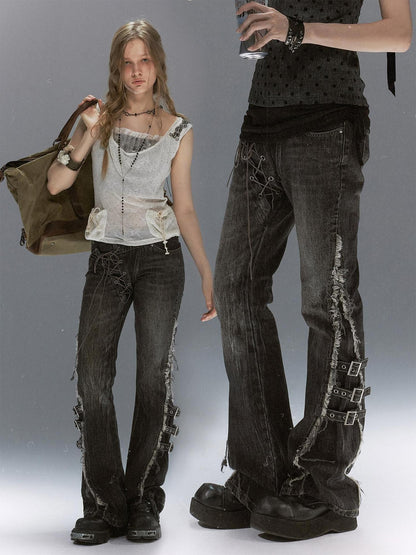 Cest Nous Washed Crackle Punk Asymmetrical Waist Deconstructed Tie Women&