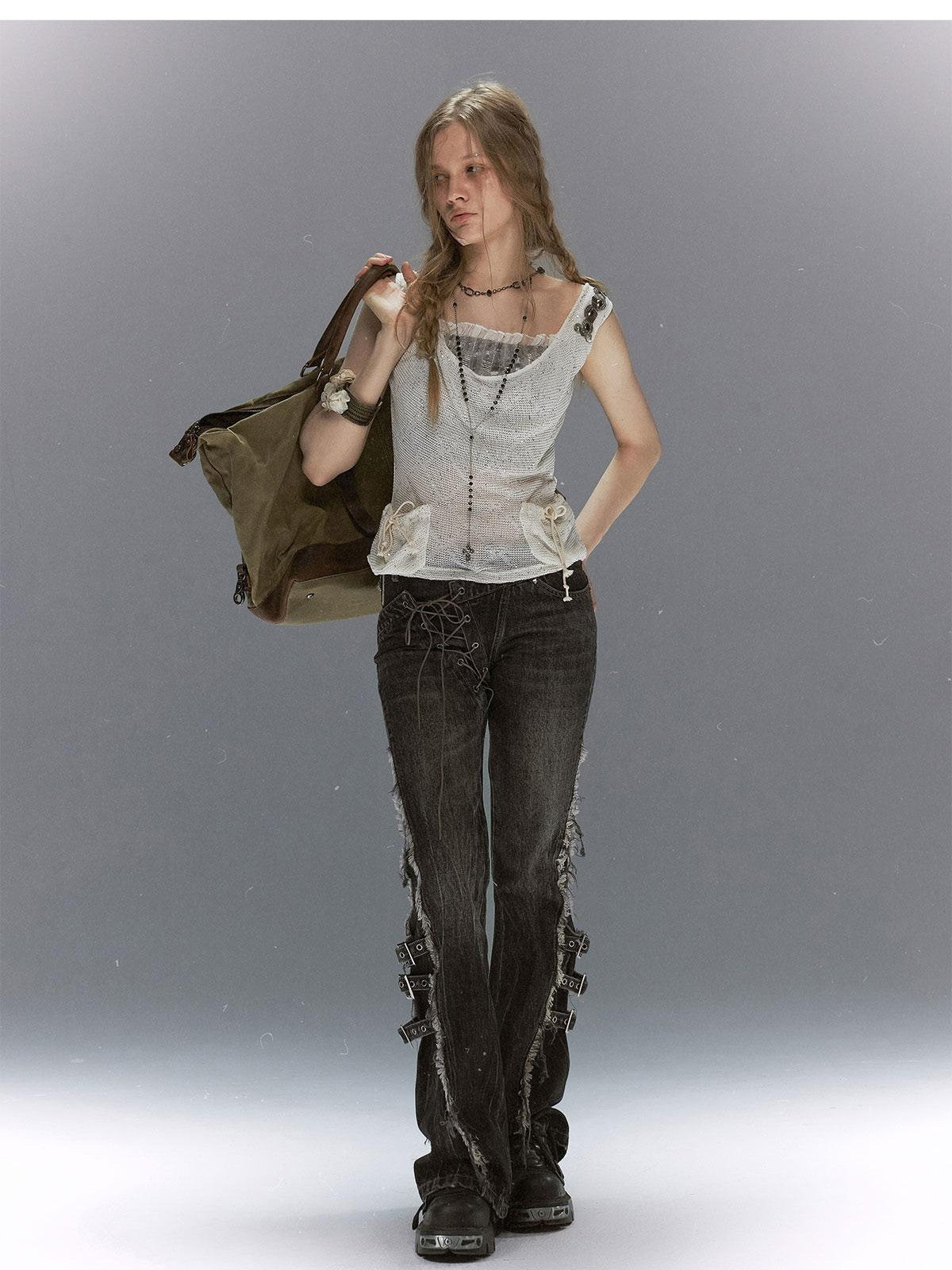 Cest Nous Washed Crackle Punk Asymmetrical Waist Deconstructed Tie Women&