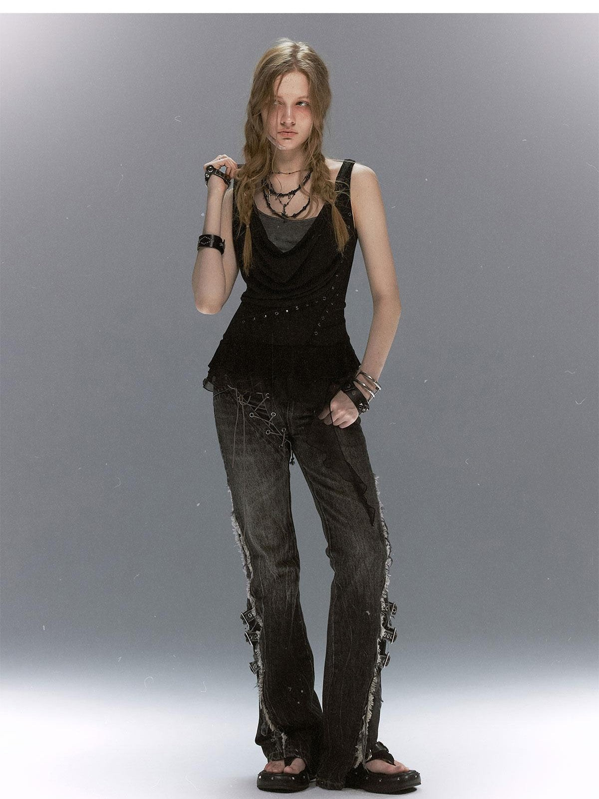 Cest Nous Washed Crackle Punk Asymmetrical Waist Deconstructed Tie Women&