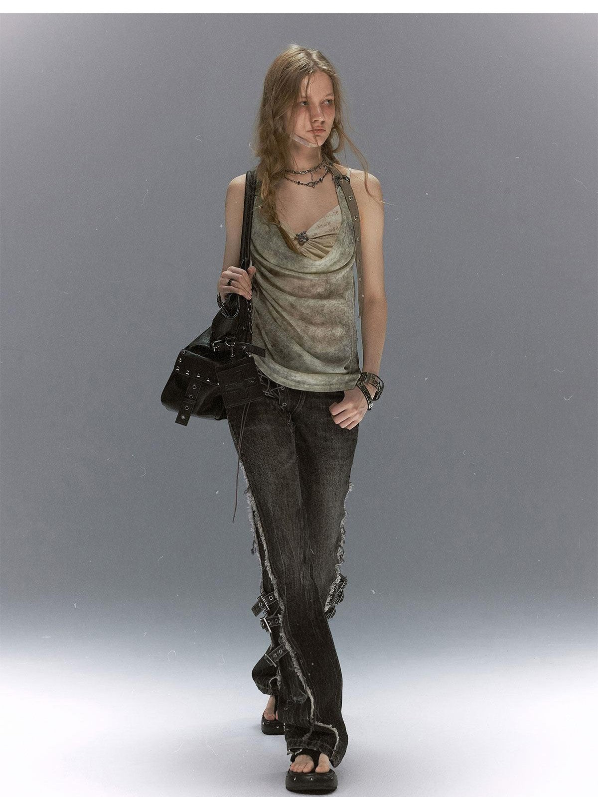 Cest Nous Washed Crackle Punk Asymmetrical Waist Deconstructed Tie Women&