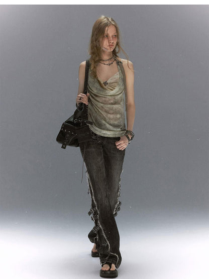 Cest Nous Washed Crackle Punk Asymmetrical Waist Deconstructed Tie Women&
