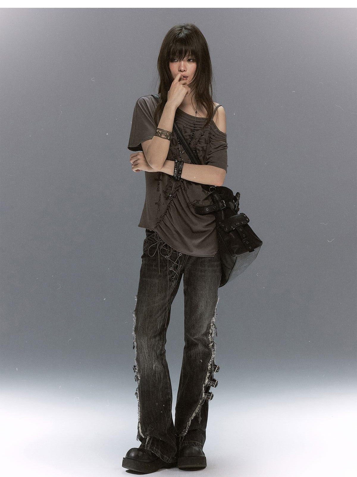 Cest Nous Washed Crackle Punk Asymmetrical Waist Deconstructed Tie Women&